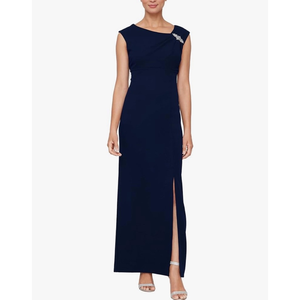 NEW SLNY dress navy blue Long Maxi Crystal Embellishment Front Slit Formal Sz 10